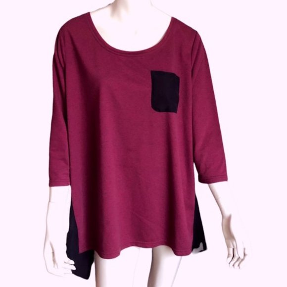 K Jordan 2X Burgundy & Black Heathered Top w/ Sheer Long Back - Picture 1 of 7